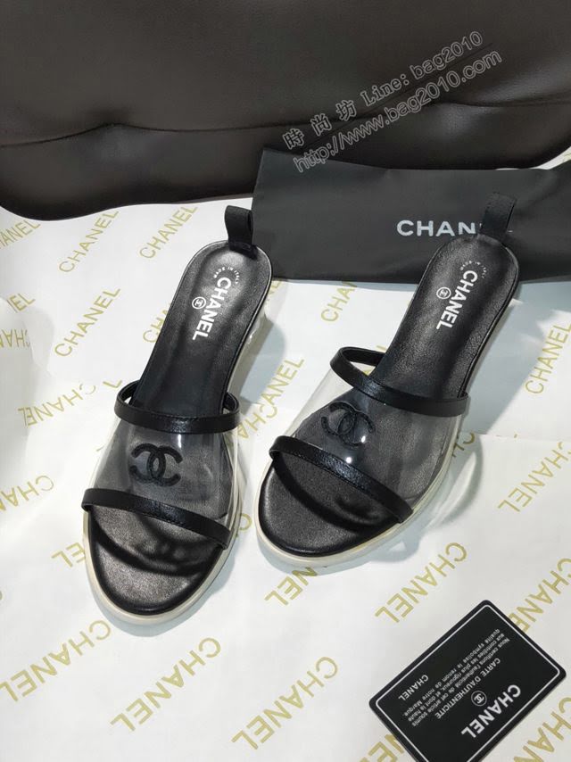 Chanel女鞋 香奈兒專櫃新品 原版透明水晶跟 小香一字拖鞋  naq1033